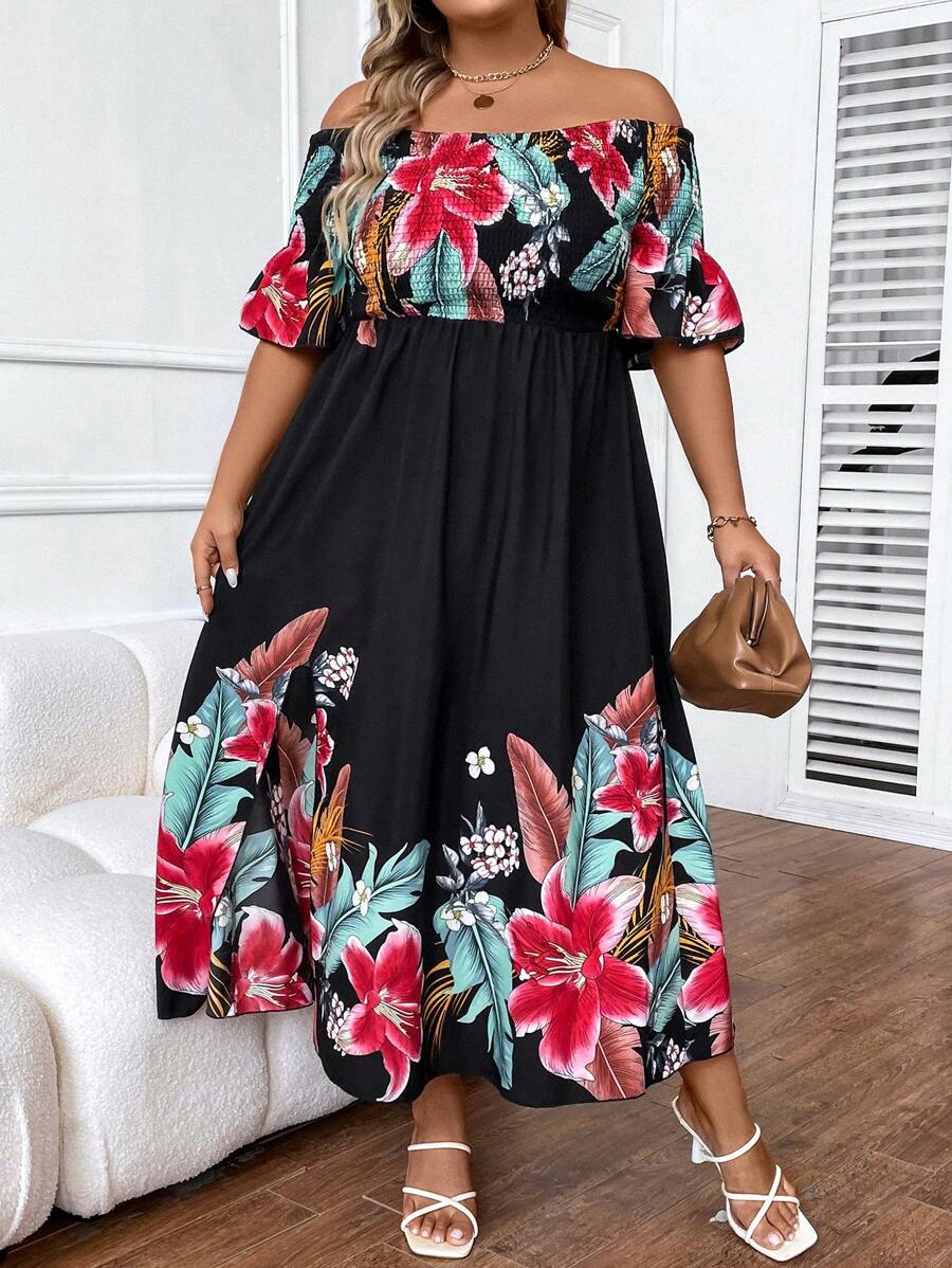 SHEIN Holidaya Plus Tropical Print Off Shoulder Split Thigh Dress - Multicolor - View 1