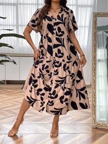 SHEIN Clasi Vestido camisero con estampado de plantas bajo con fruncido - Caqui - Ver 3