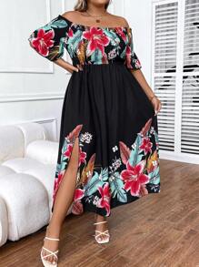 SHEIN Holidaya Plus Tropical Print Off Shoulder Split Thigh Dress - Multicolor - View 5