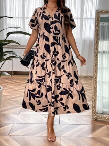 SHEIN Clasi Vestido camisero con estampado de plantas bajo con fruncido - Caqui - Ver 4