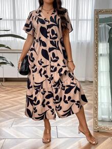 SHEIN Clasi Vestido camisero con estampado de plantas bajo con fruncido - Caqui - Ver 5