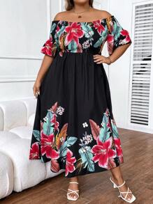 SHEIN Holidaya Plus Tropical Print Off Shoulder Split Thigh Dress - Multicolor - View 6