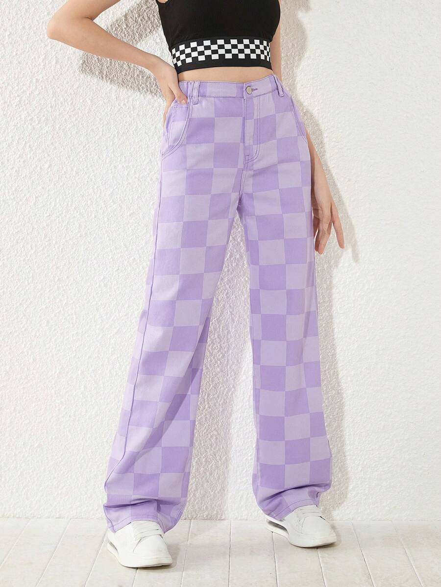 SHEIN Teen Girls Checker Print Straight Leg Jeans - Purple - View 1