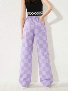 SHEIN Teen Girls Checker Print Straight Leg Jeans - Purple - View 2