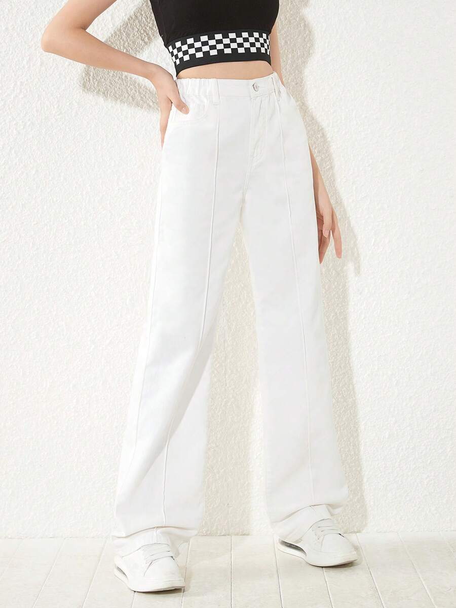 青少年女孩素色直筒牛仔褲 - 白色 - 查看 1