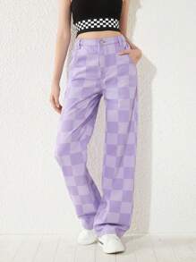 SHEIN Teen Girls Checker Print Straight Leg Jeans - Purple - View 3