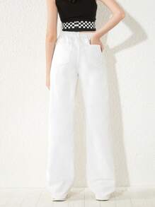 青少年女孩素色直筒牛仔褲 - 白色 - 查看 2