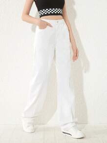 青少年女孩素色直筒牛仔褲 - 白色 - 查看 3