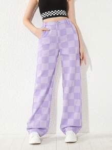 SHEIN Teen Girls Checker Print Straight Leg Jeans - Purple - View 5