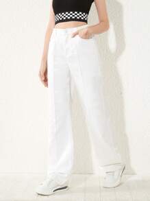 青少年女孩素色直筒牛仔褲 - 白色 - 查看 4