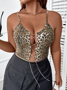 SHEIN Allurite 大碼豹紋印花鏈條前繫帶吊帶上衣 - 彩色 - 查看 3