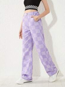 SHEIN Teen Girls Checker Print Straight Leg Jeans - Purple - View 6