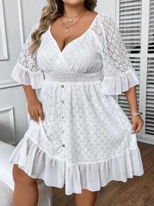 SHEIN LUNE Plus Ruffle Hem Lace Dress - White - View 5
