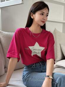 DAZY 星星和標語圖案下垂肩t恤 - 玫紅色 - 查看 7