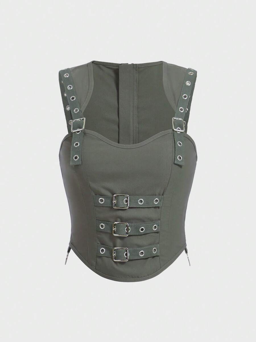 SHEIN X Doris Jocelyn SHEIN ICON 帶扣細節吊帶上衣 - 軍綠色 - 查看 1