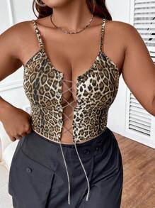 SHEIN Allurite 大碼豹紋印花鏈條前繫帶吊帶上衣 - 彩色 - 查看 1