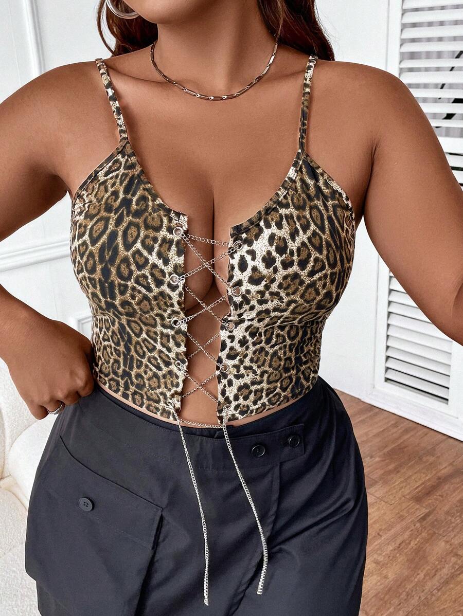 SHEIN Allurite 大碼豹紋印花鏈條前繫帶吊帶上衣 - 彩色 - 查看 1