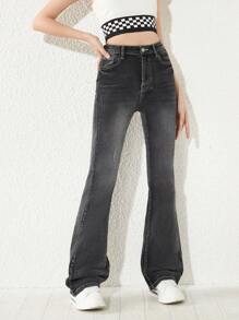 Bé Gái Quần Jeans Nút Túi Dây kéo màu trơn - màu đen - Xem 1