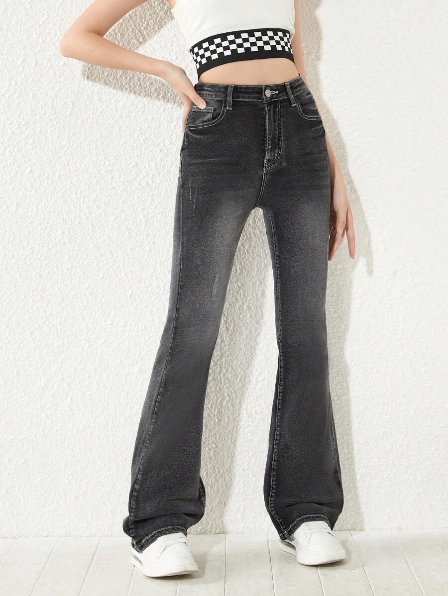 Bé Gái Quần Jeans Nút Túi Dây kéo màu trơn - màu đen - Xem 1