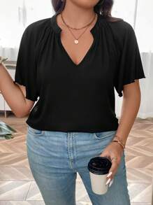 SHEIN LUNE Plus Notched Neckline Raglan Sleeve Tee - Black - View 1