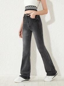 Bé Gái Quần Jeans Nút Túi Dây kéo màu trơn - màu đen - Xem 4