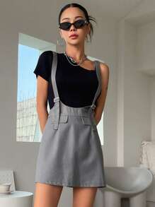 DAZY 素色翻蓋細節背帶短裙不帶T恤 - 灰色 - 查看 1