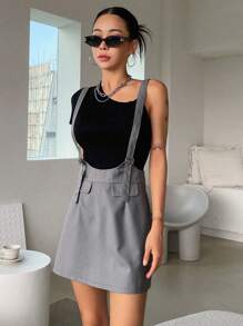 DAZY 素色翻蓋細節背帶短裙不帶T恤 - 灰色 - 查看 4