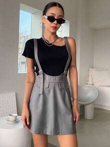 DAZY 素色翻蓋細節背帶短裙不帶T恤 - 灰色 - 查看 5