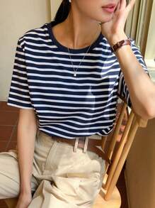 DAZY Camiseta unida en contraste con estampado de rayas - Azul Marino - Ver 5