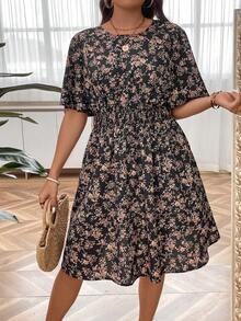 SHEIN Holidaya 大碼印花蝴蝶袖洋裝 - 黑色 - 查看 5