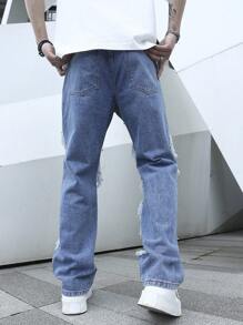 Manfinity Roghcode Men Cotton Geo Print Ripped Straight Leg Jeans Baggy Long Frayed Jean Cargo Plain Light Blue Party Street Wear Rapper, Patched Jeans Men, Baggy Jeans With Design, Graphic Baggy Jeans, Men Hip Hop Jeans, Streetwear Jeans - Light Wash - View 2