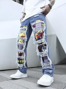 Manfinity Roghcode Men Cotton Geo Print Ripped Straight Leg Jeans Baggy Long Frayed Jean Cargo Plain Light Blue Party Street Wear Rapper, Patched Jeans Men, Baggy Jeans With Design, Graphic Baggy Jeans, Men Hip Hop Jeans, Streetwear Jeans - Light Wash - View 4
