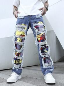 Manfinity Roghcode Men Cotton Geo Print Ripped Straight Leg Jeans Baggy Long Frayed Jean Cargo Plain Light Blue Party Street Wear Rapper, Patched Jeans Men, Baggy Jeans With Design, Graphic Baggy Jeans, Men Hip Hop Jeans, Streetwear Jeans - Light Wash - View 5