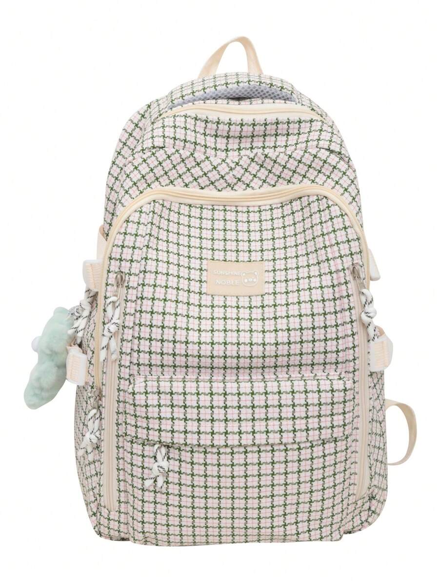 Waterproof Letter Patch Plaid Pattern Backpack Without Bag Charm - Beige - View 1