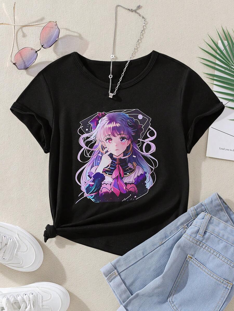 SHEIN 女孩人像圖案T恤 - 黑色 - 查看 1