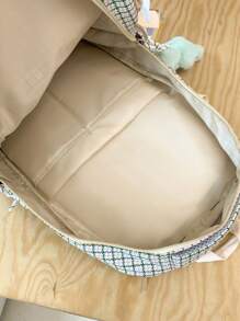 Waterproof Letter Patch Plaid Pattern Backpack Without Bag Charm - Beige - View 3