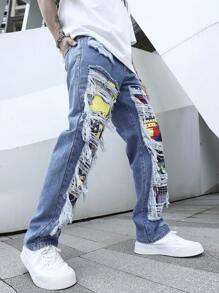 Manfinity Roghcode Men Cotton Geo Print Ripped Straight Leg Jeans Baggy Long Frayed Jean Cargo Plain Light Blue Party Street Wear Rapper, Patched Jeans Men, Baggy Jeans With Design, Graphic Baggy Jeans, Men Hip Hop Jeans, Streetwear Jeans - Light Wash - View 7