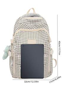 Waterproof Letter Patch Plaid Pattern Backpack Without Bag Charm - Beige - View 4