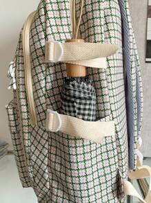 Waterproof Letter Patch Plaid Pattern Backpack Without Bag Charm - Beige - View 5