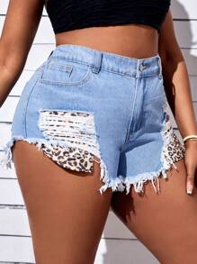 SHEIN SXY 大碼豹紋印花破洞毛邊緣牛仔短褲 - 淺色水洗藍 - 查看 1