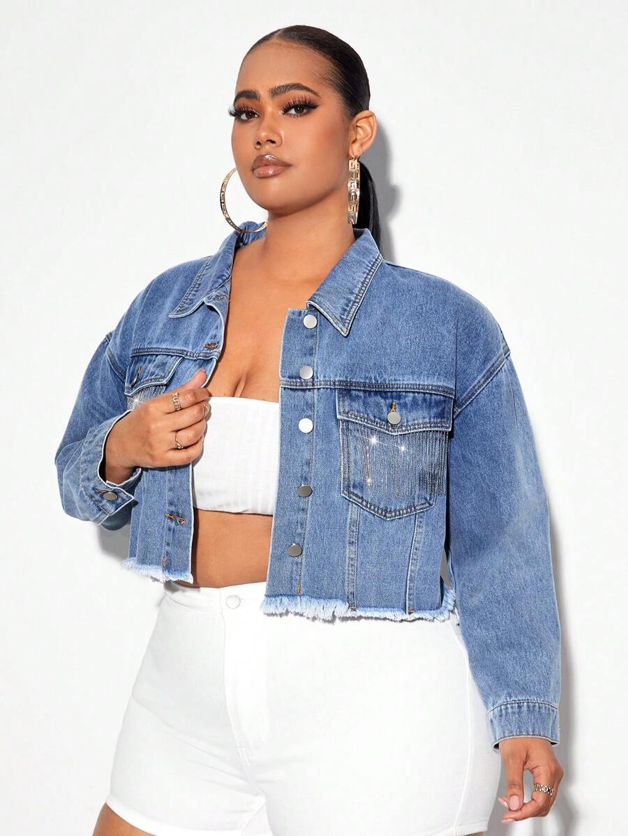 SHEIN SXY Áo Jacket Denim Plus Size Túi Hem thô Nút phía trước màu trơn Giải trí - Rửa nhẹ - Xem 1