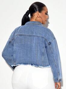 SHEIN SXY Áo Jacket Denim Plus Size Túi Hem thô Nút phía trước màu trơn Giải trí - Rửa nhẹ - Xem 2