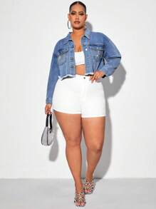 SHEIN SXY Áo Jacket Denim Plus Size Túi Hem thô Nút phía trước màu trơn Giải trí - Rửa nhẹ - Xem 3