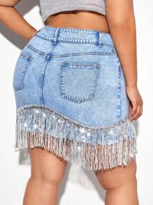 SHEIN SXY 大碼高腰流蘇邊牛仔半身裙