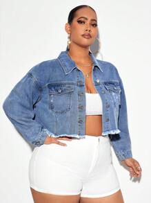 SHEIN SXY Áo Jacket Denim Plus Size Túi Hem thô Nút phía trước màu trơn Giải trí - Rửa nhẹ - Xem 5