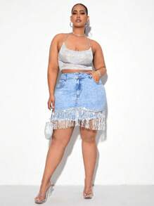 SHEIN SXY 大碼高腰流蘇邊牛仔半身裙