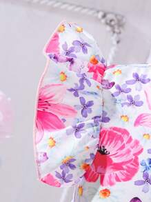 SHEIN 嬰兒印花荷葉邊前蝴蝶結連衣裙 - 彩色 - 查看 4