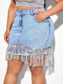 SHEIN SXY 大碼高腰流蘇邊牛仔半身裙