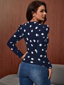 SHEIN Clasi Polka Dot Print Gigot Sleeve Tee - Navy Blue - View 2
