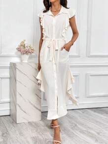 SHEIN Privé Đầm Túi Nút phía trước Thắt lưng Xù màu trơn Giải trí - trắng - Xem 1